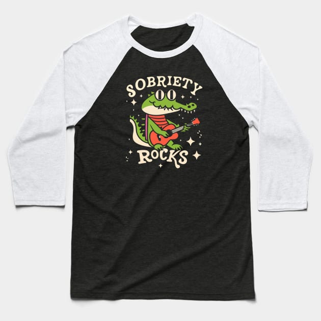 Sobriety Rocks Retro Crocodile With Guitar Baseball T-Shirt by SOS@ddicted